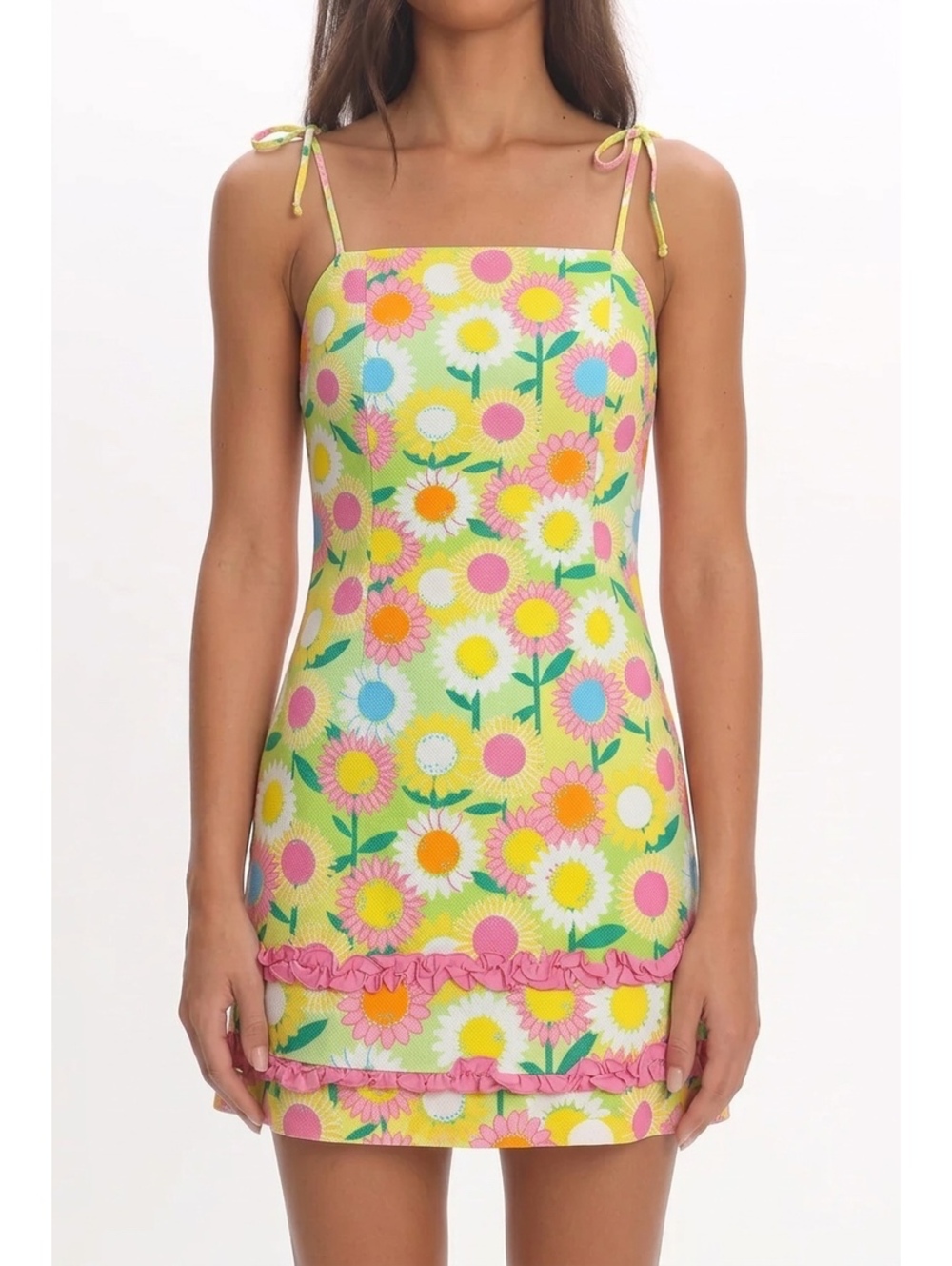 Lilly Pulitzer Green Pink Daisy Floral Tie Strap Sundress Ruffle Trim Size 6 EUC